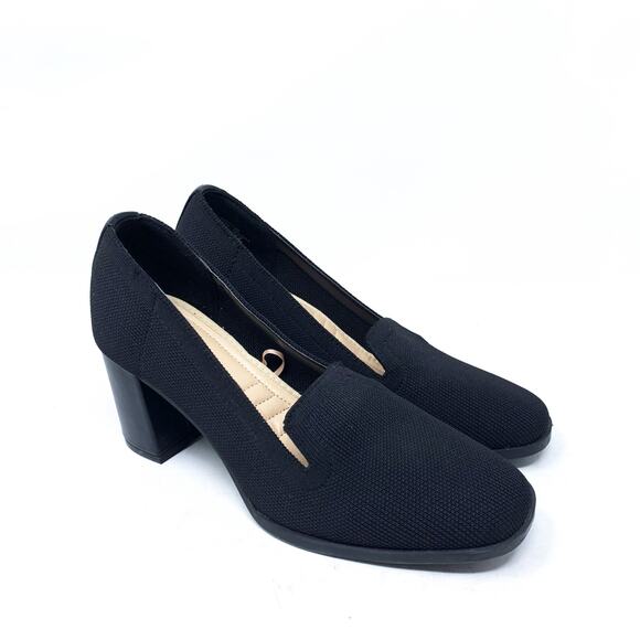 Adrienne Vittadini Brittiny Black Knit Block Heel Loafer Classic Square Toe 7.5 - Picture 1 of 8